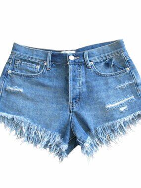 We The Free High Rise Distressed Denim Shorts Raw Hem Blue